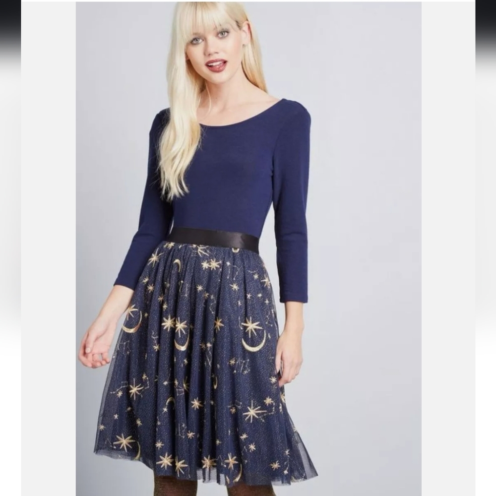 Modcloth Especially Splendid Twofer Dress Gold Embroidered Constellation Stars